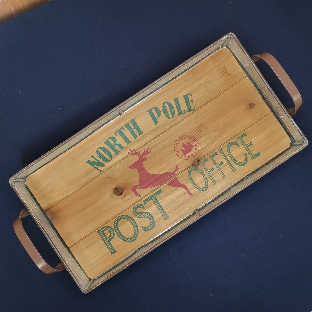 North Pole Post Office Tray 15.5"x8" Rustic Farmhouse Serving Display Tin Wood